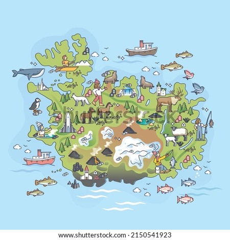 Iceland country borders map with typical icelandic elements outline map. Detailed topography items with animals, volcano, architecture and popular places on island vector illustration. Nature relief.