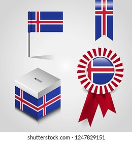 Iceland Country Flag place on Vote Box, Ribbon Badge Banner and map Pin