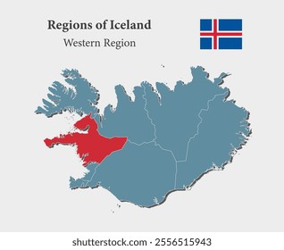 Iceland country - high detailed illustration map divided on regions. Blank Iceland map isolated on background. Vector template Western Region for website, pattern, infographic, education