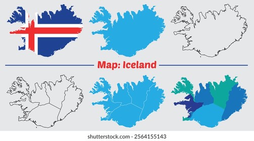 Iceland country map set. internal provinces borders marked, Simple map of Iceland vector drawing, Filled and outline.