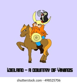 Iceland, the country of the Vikings, ottoman bird Icelandic small horse. Viking sitting on horse illustration.