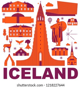 Iceland culture travel set, famous architectures and specialties in flat design. Business European tourism concept clipart. Image for presentation, banner, website, advert, flyer, roadmap, icons