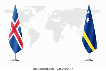 Iceland and Curacao flags for official meeting against background of world map.
