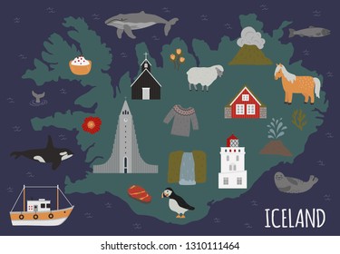 Iceland cute map vector illustration horse, sheep, seal, sea dog, killer whale, fish, house, church, Reykjavik, graflax, yogurt, waterfall, geyser, moss, poppy, sweater, fishing boat, lighthouse