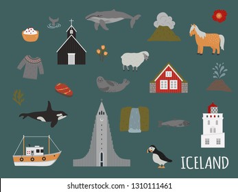 Iceland cute objects vector illustration scandinavian travel horse, sheep, seal, sea dog, killer whale, fish, house, church, Reykjavik,
graflax, yogurt, waterfall, geyser, moss, poppy, sweater, boat