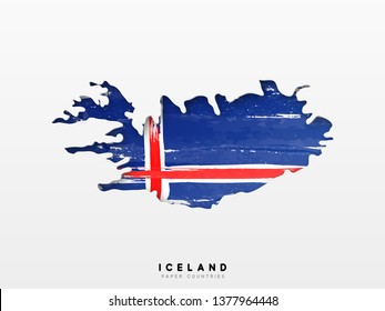Iceland detailed map with flag of country. Painted in watercolor paint colors in the national flag.