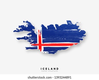 Iceland detailed map with flag of country. Painted in watercolor paint colors in the national flag.