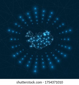 Iceland digital map. Glowing rays radiating from the country. Network connections and telecommunication design. Vector illustration.