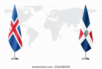 Iceland and Dominican flags for official meeting against background of world map.