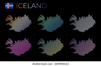 Mapa de puntos de Islandia. Mapa de Islandia en estilo punteado. Las fronteras del país están llenas de hermosos círculos de gradientes lisos. Ilustración vectorial vibrante.
