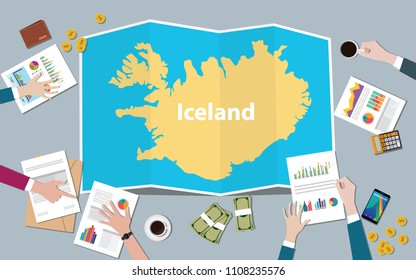 iceland economy country growth nation team discuss with fold maps view from top vector illustration