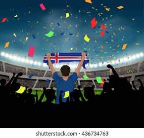 Iceland fan stand up and hand flag in silhouette group to celebrate team won in soccer match on stadium background, with confetti in the night, design for sport template in vector illustration