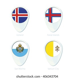 Iceland, Faroe Islands, San Marino, Vatican City flag location map pin icon. Iceland Flag, Faroe Islands Flag, San Marino Flag, Vatican City Flag. Vector Illustration.