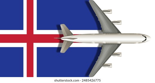 Iceland flag with an airplane flying over it close up. Vector image.