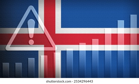 Iceland flag with burlap texture, warning sign, and rising bar chart symbolizing increasing risk or growth challenges in the country. Ideal for data presentations.