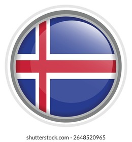 Iceland Flag Button Icon Glossy Round National Emblem Vector Illustration