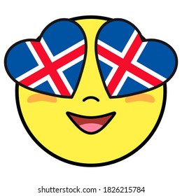 Iceland flag button. Patriotic smile in hearts glasses. Emoji icon isolated on white background.