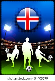 Iceland Flag Button with Soccer Match in Stadium Original Illustration