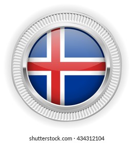 Iceland flag buttons with silver border on white background