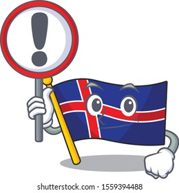 Iceland flag cartoon with a mascot warning sign