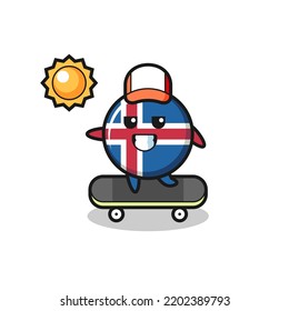 iceland flag character illustration ride a skateboard , cute design
