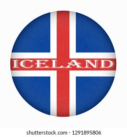 Iceland flag in circle shape. Isolated button of icelandic banner with scratched texture, grunge. Flat style, vector illustration with noise, marble textured background. Horizontal orientation.