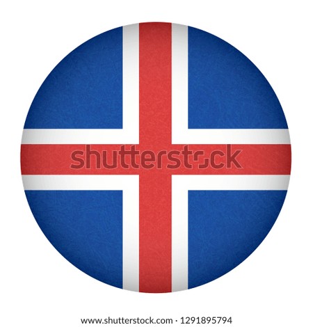 Iceland flag in circle shape. Isolated button of icelandic banner with scratched texture, grunge. Flat style, vector illustration with noise, marble textured background. Horizontal orientation.