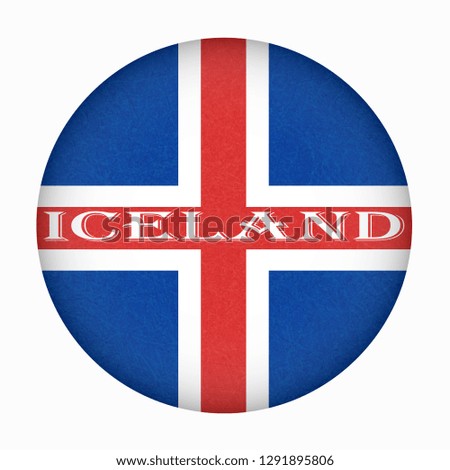 Iceland flag in circle shape. Isolated button of icelandic banner with scratched texture, grunge. Flat style, vector illustration with noise, marble textured background. Horizontal orientation.