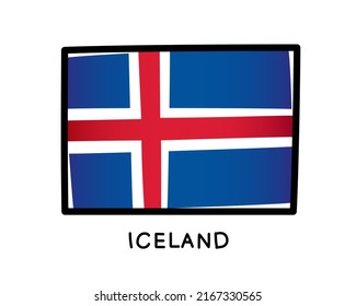 Iceland flag. Colorful Icelandic flag logo. Blue, white and red brush strokes, hand drawn. Black outline. Vector illustration isolated on white background.