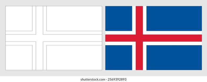 Iceland flag - coloring page. Set of white wireframe thin black outline flag and original colored flag.