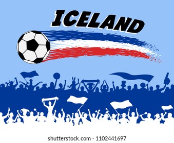 Iceland flag colors with soccer ball and Icelander supporters silhouettes. All the objects, brush strokes and silhouettes are in different layers and the text types do not need any font. 