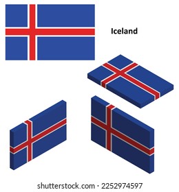 Iceland flag, Country flag, vector set of isometric flat icons, 3D style, different views. Design elements for banners, websites, presentations, infographics, map