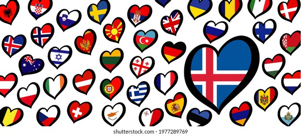 Iceland flag and different countries flags with heart flags logo. For Europe, eurovision music song festival, contest. Music songs for vision dreams. Vector euro TV icon pattern. 