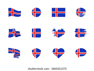 Bandera islandesa - colección plana. Banderas de diferentes formas doce iconos planos. Conjunto de ilustraciones de vector