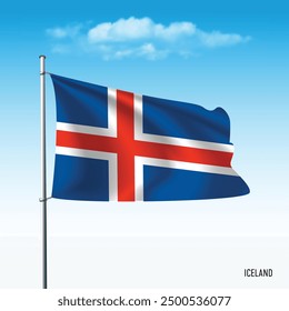 Iceland flag flying on blue sky, vector illustation.