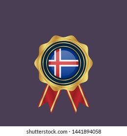 Iceland flag frame. Iceland flag gold emblem with ribbon