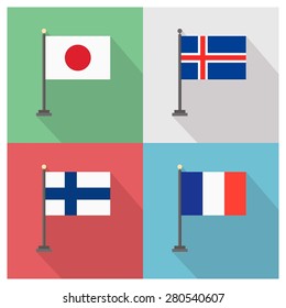 Iceland Flag - France Flag - Japan Flag - Finland Flag - The flat design of the 4 country flag on the flagpole . Modern World Flag design, Vector illustration template design