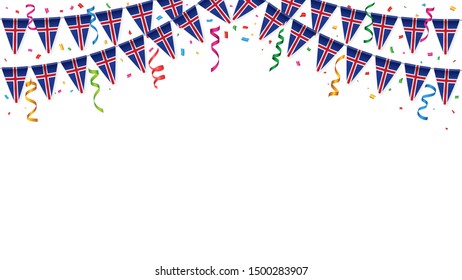 Iceland flag garland white background with confetti, Hang bunting for independence Day celebration template banner, Vector illustration