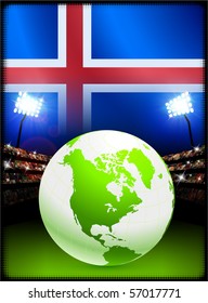 Iceland Flag with Globe on Stadium Background Original Illustration