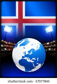 Iceland Flag with Globe on Stadium Background Original Illustration