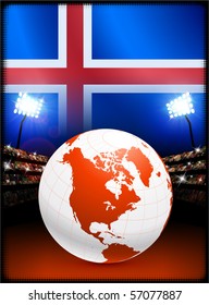 Iceland Flag with Globe on Stadium Background Original Illustration