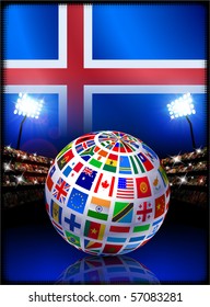 Iceland Flag with Globe on Stadium Background Original Illustration