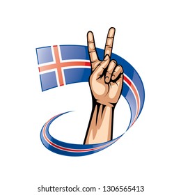 Iceland flag and hand on white background. Vector illustration