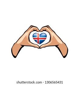 Iceland flag and hand on white background. Vector illustration