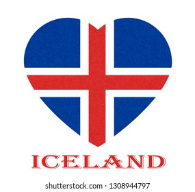 Iceland flag in heart shape. Isolated button of icelandic banner with scratched texture, grunge. Flat style, vector illustration with noise, marble textured background. Horizontal orientation.