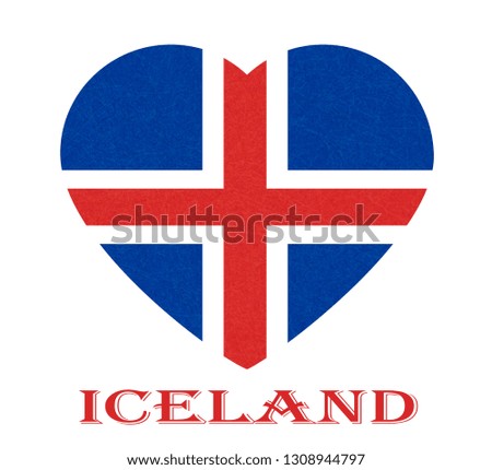 Iceland flag in heart shape. Isolated button of icelandic banner with scratched texture, grunge. Flat style, vector illustration with noise, marble textured background. Horizontal orientation.