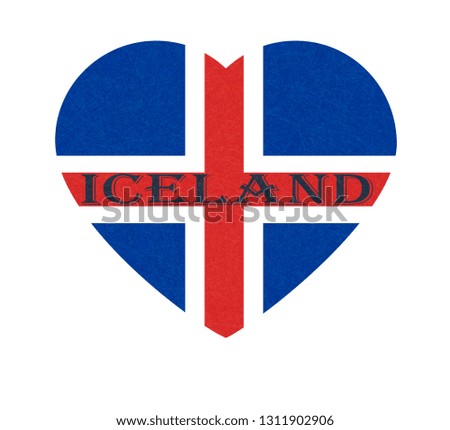 Iceland flag in heart shape. Isolated button of icelandic banner with scratched texture, grunge. Flat style, vector illustration with noise, marble textured background. Horizontal orientation.