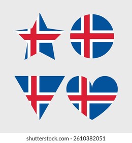 Iceland Flag icon. Official vector Icelandic flag icons set in the shape of heart, star, circle and map