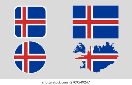 Iceland Flag Icon Set in Square, Round, and Map Shapes. Clean Modern Collection. Perfect for use in apps, websites, presentations, infographics, educational materials, travel content.	