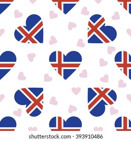 Iceland flag independence day seamless pattern. Patriotic country flag background. Iceland flag in the shape of heart. Vector seamless pattern.